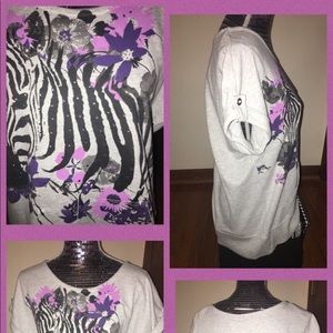 Style &Co Short Sleeve Gray with Purple/Black Med